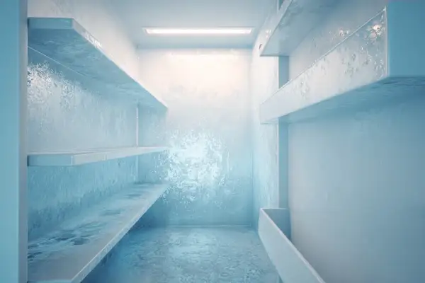 L'intérieur d'un frigo qui givre, avec des étagères couvertes de glace et une lumière froide.