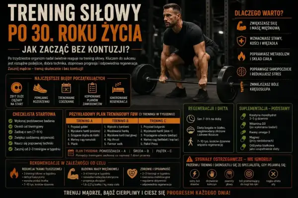 Gotowy plan treningowy na siłownię po 30. roku życia, by zacząć bez kontuzji. Zawiera przykładowe ćwiczenia i wskazówki.