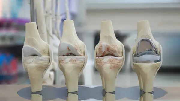 Modèles de genoux montrant l'évolution de l'arthrose et une prothèse. Ces images illustrent le succès de la prothèse du genou.