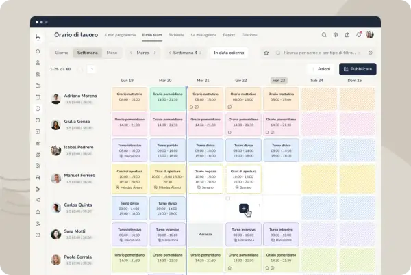 Calendario turni infermieri: mattina, pomeriggio, notte. Visualizza turni per Adriano, Giulia, Isabel, Manuel, Carlos, Sara e Paola.