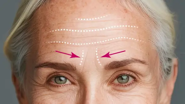 Primo piano del volto di una donna anziana con evidenti rughe sulla fronte, evidenziate da linee tratteggiate bianche e frecce rosa.