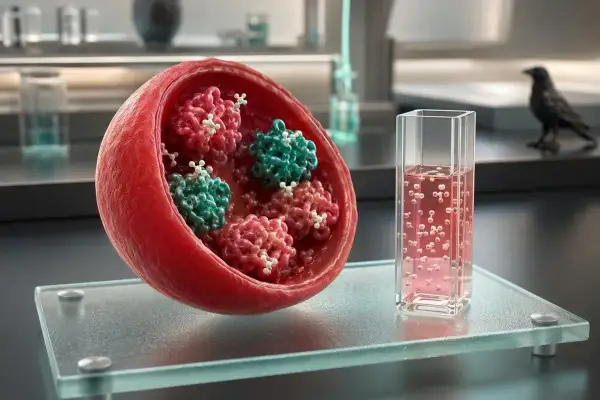 Hba1c co to za badanie? Czerwona krwinka z cząsteczkami hemoglobiny i glukozy, obok probówki z różowym płynem.