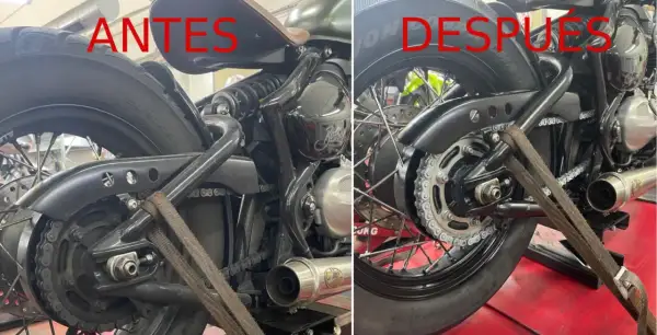 Comparativa del mantenimiento de la cadena de moto: antes y después. Se aprecia la limpieza y lubricación de la cadena, lista para rodar.