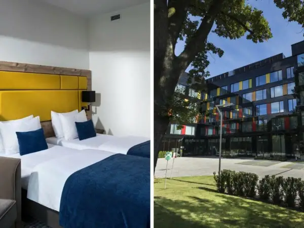 Przytulne pokoje hotelowe z żółtym zagłówkiem i nowoczesny budynek hotelu z kolorowymi oknami.