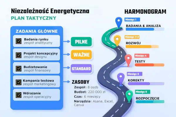 Plan taktyczny "Niezależność Energetyczna" z zadaniami, zasobami i harmonogramem. Wskazuje intencję projektową i etapy realizacji.