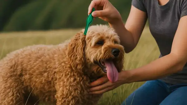 Persona aplica pipeta Advantix a su perro. Es importante aplicarla correctamente, incluso cuando no se baña al perro.