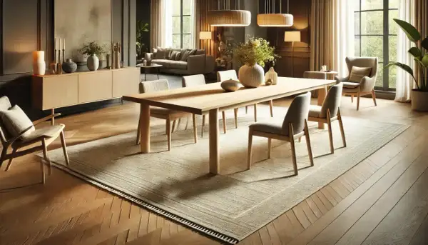 En ljus matta under matbordet ger en varm och inbjudande känsla. Perfekt matta under matbord inspiration för ett modernt hem.