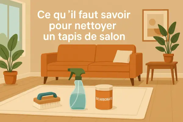Apprenez comment laver un tapis de salon avec ces outils : brosse, spray nettoyant et bicarbonate de soude.