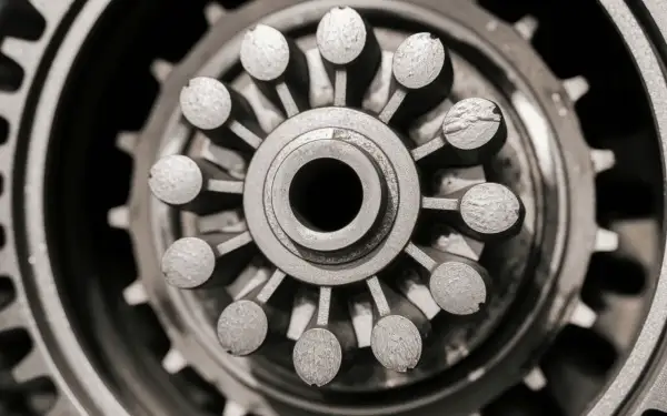 Gros plan d'une pièce mécanique complexe, peut-être une roue dentée ou un moyeu, évoquant une fuite de joint spi boîte de vitesse.