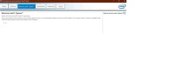 Interfaz de Intel Management Engine. La memoria Intel® Optane™ está desactivada. Instale un módulo compatible para activarla.