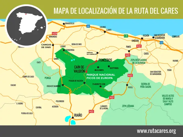 Mapa de la Ruta del Cares, mostrando su inicio en Caín de Valdeón y el Parque Nacional Picos de Europa.