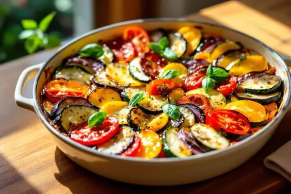 Un tian de légumes coloré, avec des rondelles d'aubergine, de courgette et de tomate disposées en spirale, garni de feuilles de basilic frais.