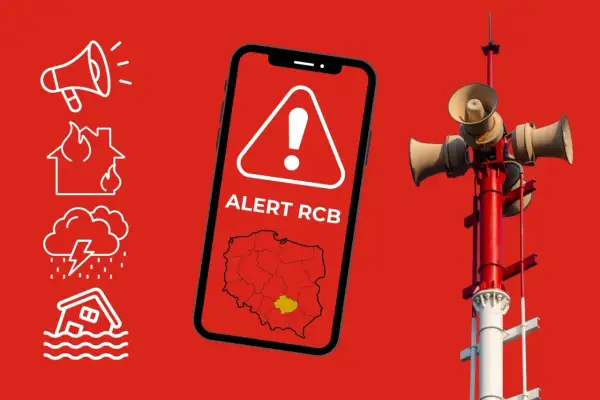 Ikony ostrzegawcze: syrena, pożar, burza, powódź. Telefon z napisem ALERT RCB i mapą Polski. Co oznaczają 4 sygnały straży pożarnej?