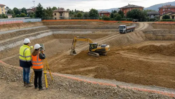 Operai supervisionano uno scavo a sezione ristretta con escavatore e camion.