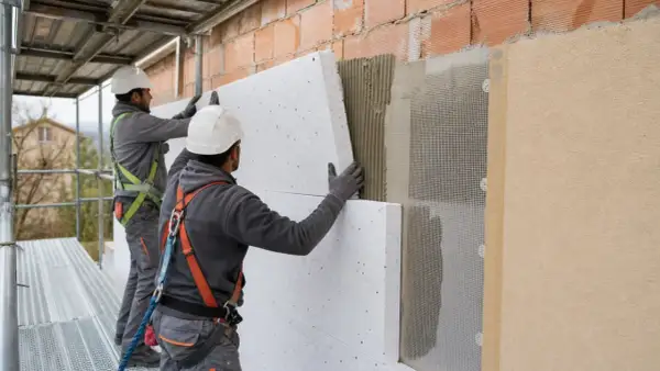 Operai in cantiere applicano pannelli per l'isolamento esterno di un edificio, migliorando l'efficienza energetica.