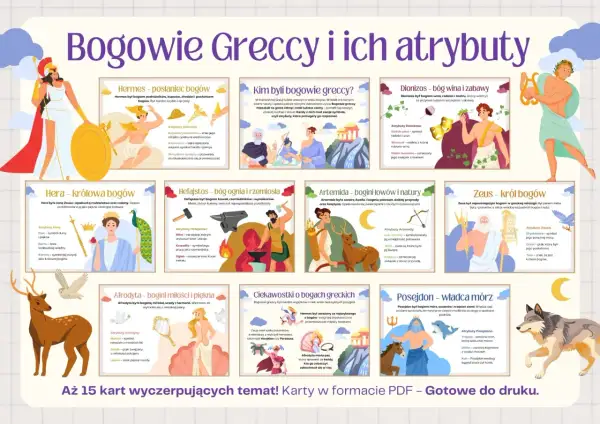 Bogowie greccy i ich atrybuty: Hera, Hefajstos, Artemida, Zeus, Hermes, Dionizos, Afrodyta, Posejdon.