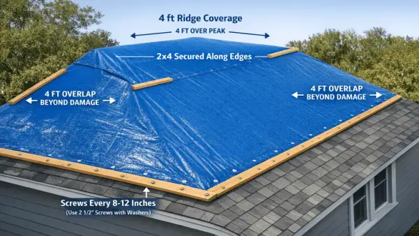 Diagram showing how to tarp a roof with a blue tarp, 4 ft overlap, and 2x4s secured along edges.