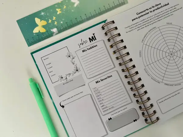 Agenda abierta con secciones para hobbies, favoritos y metas. Incluye un gráfico de áreas de vida y un espacio para planificar los **trimestres del año**.