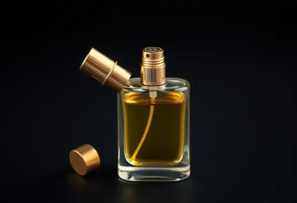 Szklana butelka perfum z złotą nakrętką i atomizerem. Jak naprawić perfum który nie psika? Sprawdź, czy atomizer nie jest zapchany.