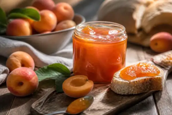 Ein Glas leuchtend orangefarbener Aprikosenmarmelade mit Alkohol, daneben frische Aprikosen und ein Brot mit Marmelade.