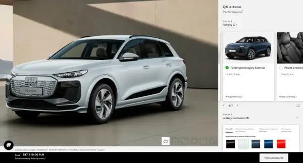Białe Audi Q6 e-tron stoi na tle nowoczesnej architektury.