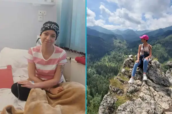 Uśmiechnięta kobieta w szpitalu, walcząca z glejakiem 4 stopnia, i ta sama kobieta ciesząca się życiem w górach.