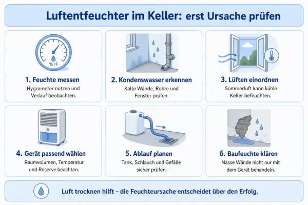 Keller nass was tun? Infografik zeigt 6 Schritte: Feuchte messen, Kondenswasser erkennen, Lüften prüfen, Gerät wählen, Ablauf planen, Baufeuchte klären.
