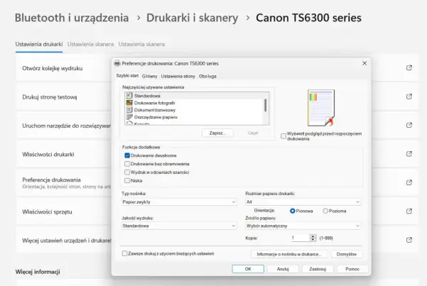 Okno dialogowe "Preferencje drukowania" z zaznaczoną opcją "Drukowanie dwustronne".