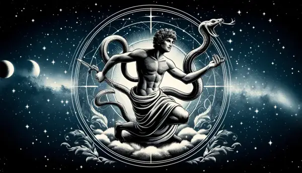 Wężownik, znak zodiaku, w otoczeniu gwiazd i księżyców, walczy z wężem.