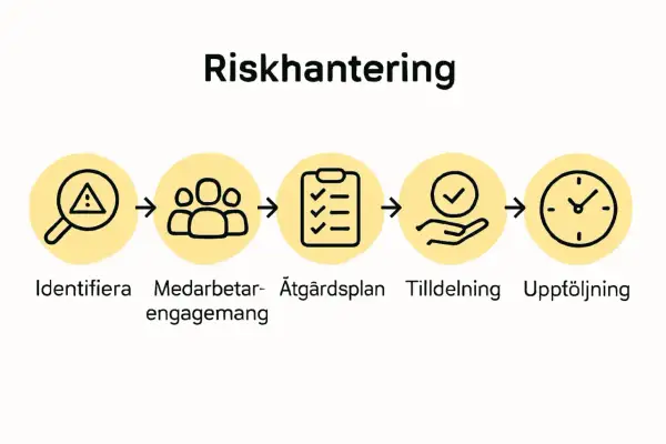 Riskhantering: Identifiera risker, engagera medarbetare, skapa åtgärdsplan, tilldela ansvar och följ upp. En viktig osa rond.