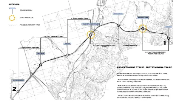 Mapa projektowanych tras rowerowych w Rybniku z zaznaczonymi stacjami, strefami rekreacyjnymi i połączeniami.