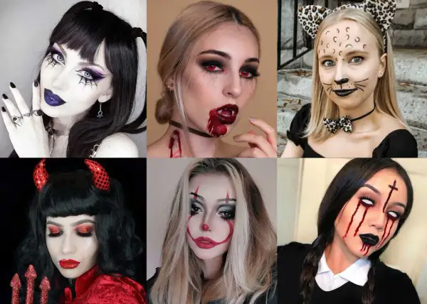Sei donne con diversi look di trucco halloween: vampiro, gatto, diavoletto, clown e gotico. Un trucco halloween donna semplice ma d'effetto.