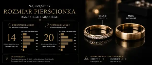 Najczęstszy rozmiar pierścionka damskiego to 14, a męskiego 20. Wykresy pokazują popularność rozmiarów.