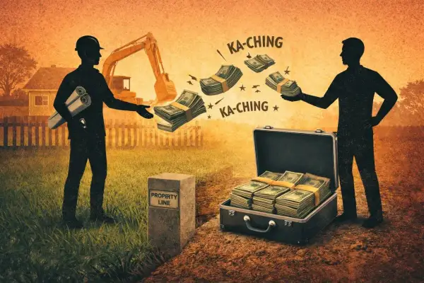 Un costruttore con progetti scambia denaro oltre il confine di proprietà, simboleggiando il diritto di accessione e il profitto.