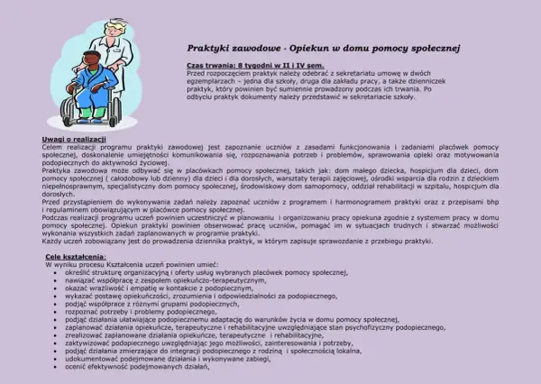 Jak wypełnić dziennik praktyk opiekuna medycznego: opis celów, uwag i zadań. Ilustracja przedstawia opiekuna przy pacjencie na wózku.
