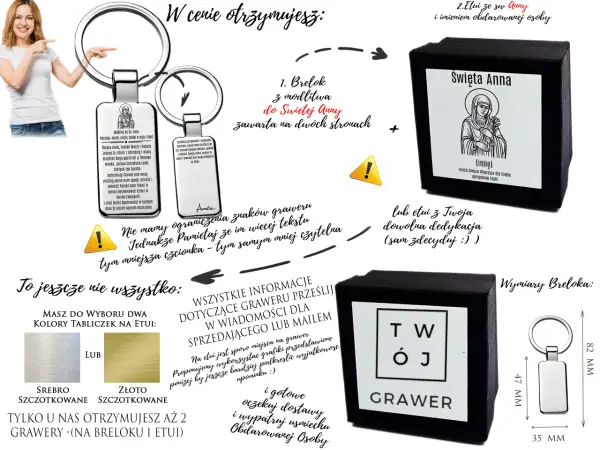 Brelok z modlitwą do św. Anny, patronki matek i rodzin, z możliwością graweru imienia. Idealny prezent.