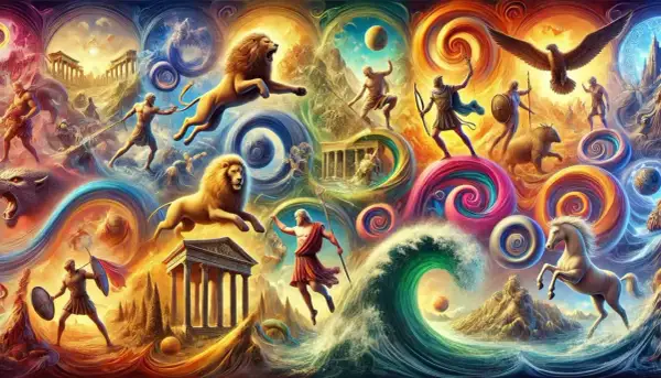 Hercule affronte le lion de Némée, entouré de scènes mythologiques vibrantes. Les 12 travaux d'Hercule prennent vie dans un tourbillon de couleurs et de créatures fantastiques.
