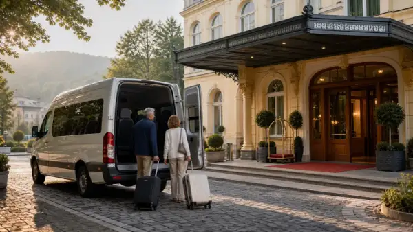 Ein Paar mit Koffern steigt aus einem Van vor einem eleganten Hotel in Mariánské Lázně.