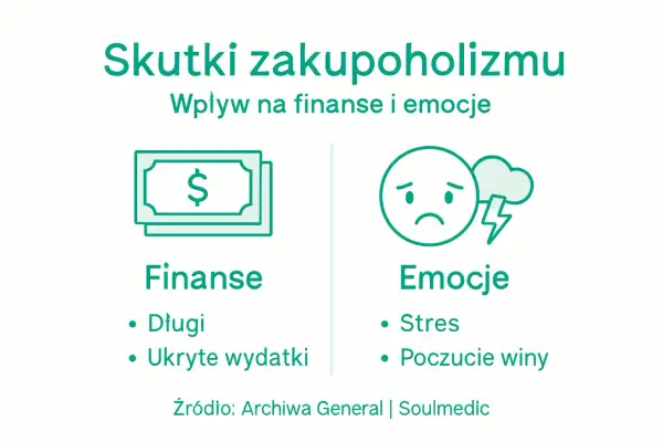 Skutki zakupoholizmu: długi, ukryte wydatki, stres i poczucie winy. Wpływ na finanse i emocje.