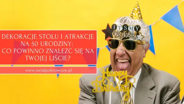 Wesołe atrakcje na 50 urodziny: mężczyzna w okularach "Happy Birthday" i czapce świętuje.