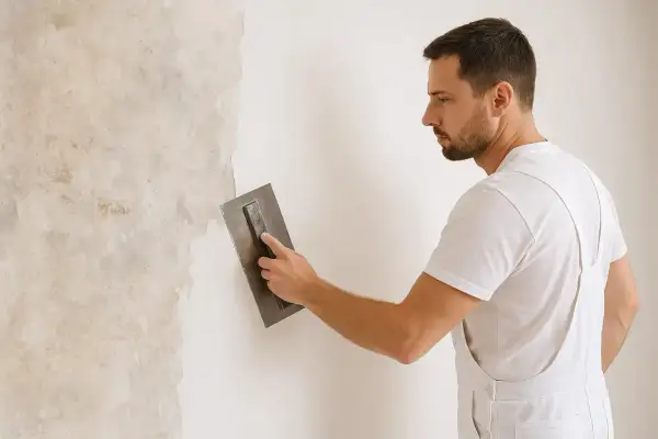 Mann trägt mit Glättekelle Rollputz auf eine Wand auf.