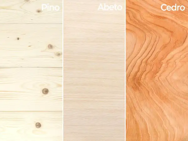 Tres tipos de madera conífera: pino claro con nudos, abeto pálido y cedro rojizo con vetas marcadas.