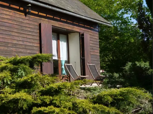 Chalet en bois avec étang de pêche privé en Franche-Comté. Deux chaises longues sur la terrasse, entourées de verdure luxuriante.