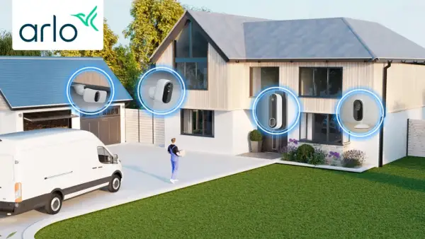 Arlo propose des solutions pour savoir où placer une camera de surveillance : près du garage, sur la façade, ou à l'intérieur.