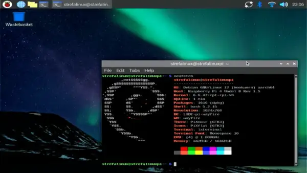 Terminal na Raspberry Pi z systemem Raspberry Pi OS, wyświetlający informacje o systemie za pomocą neofetch.