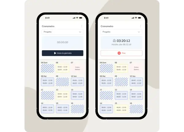Schermate di un'app per timbrature: una mostra il cronometro a zero, l'altra con 3 ore registrate.