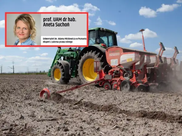 Aktywny rolnik w akcji! Zielony traktor z siewnikiem Gaspardo orze pole. W rogu zdjęcie prof. Anety Suchoń, ekspertki prawa rolnego.