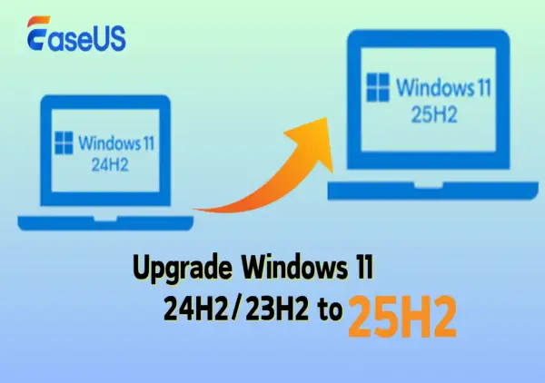 Grafika przedstawia proces aktualizacji systemu Windows 11 24H2 do nowszej wersji 25H2, symbolizowany przez strzałkę.