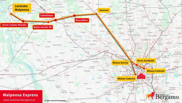 Trasa Malpensa Express: Lotnisko Malpensa, Castellanza, Busto Arsizio FN, Milano Bovisa, Porta Garibaldi, Milano Centrale, Milano Cadorna.