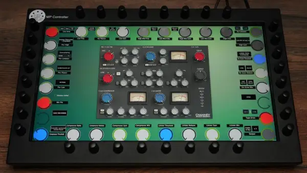 A digital audio workstation screen displays various Analog Obsession plugins, including EQ, compressor, de-esser, and tape drive modules.